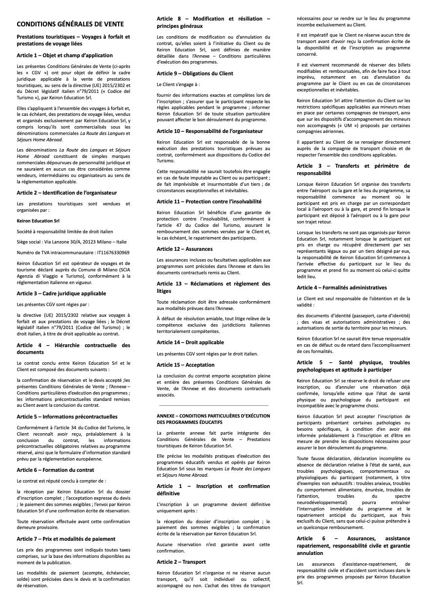 Conditions Générales de Vente – Prestations touristiques Voyages à forfait et prestations de voyage liées